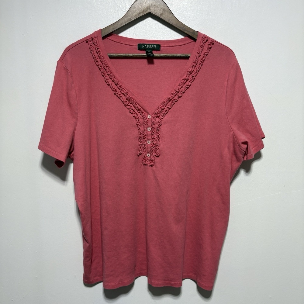 Lauren Ralph Lauren Top 3X Salmon Pink Short Sleeve Henley Ruffle Detail V Neck